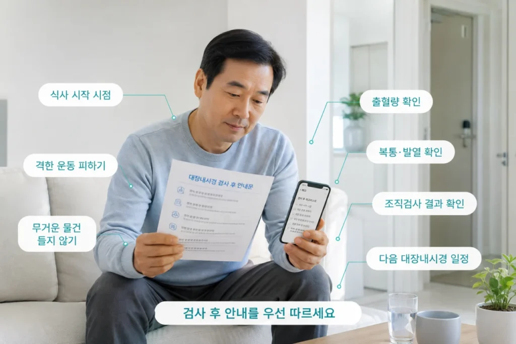 대장용종 제거 후 식사, 활동량, 출혈, 조직검사 결과, 재검 시기 확인을 안내하는 그림