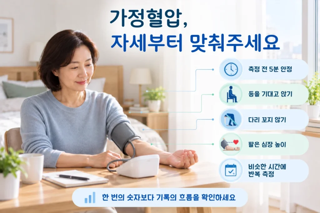 가정혈압을 올바르게 측정하는 방법을 안내하는 이미지