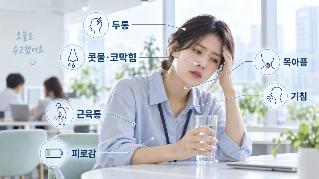 코로나19는 목아픔과 기침뿐 아니라 콧물·코막힘, 두통, 근육통, 피로감 등 여러 증상이 함께 나타날 수 있다. (칼럼 이해를 돕기 위한 AI 생성 이미지)