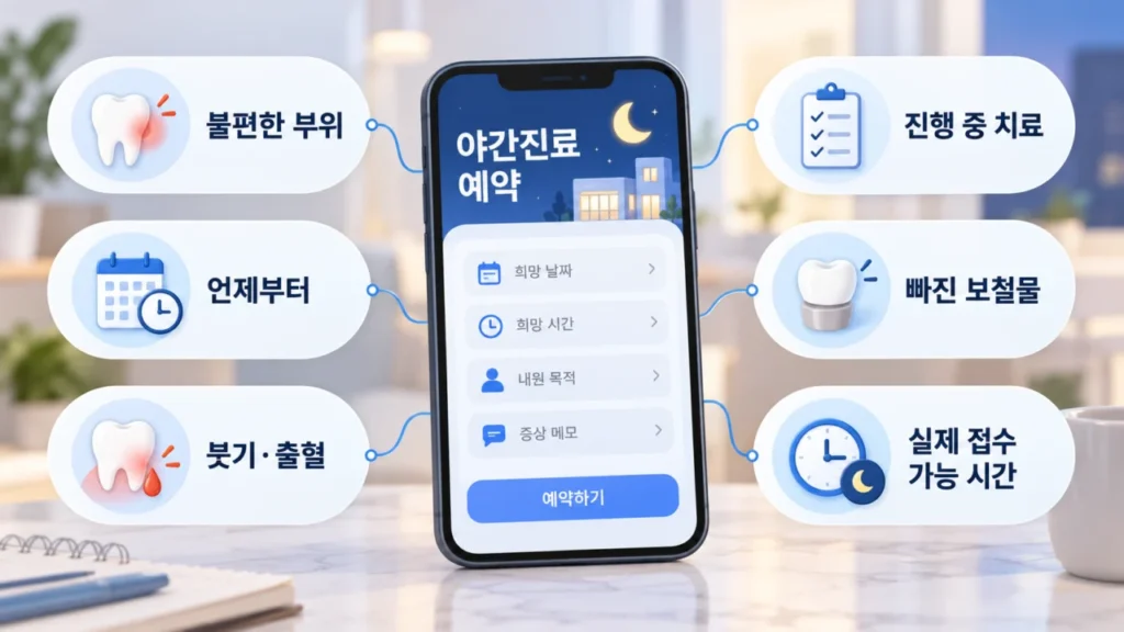 치과 야간진료 예약 시 체크리스트를 안내하는 그림