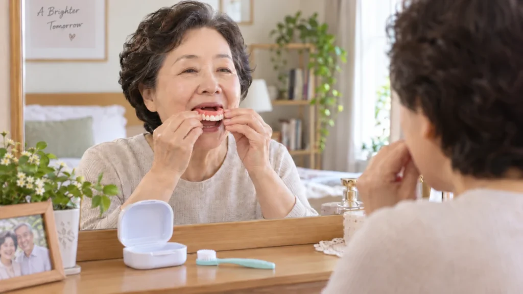 틀니의 일상적 사용과 관리 방법을 보여주는 그림