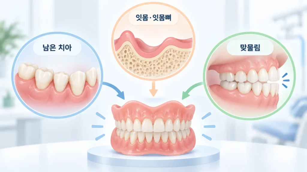 틀니 선택 시 치아, 잇몸, 맞물림 등 세 가지 평가 요소를 설명하는 그림