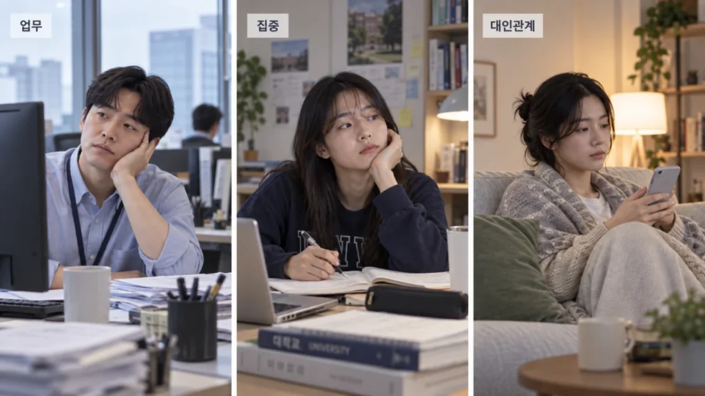 우울증 상담 전 업무, 학업, 대인관계 변화 기록을 안내하는 그림