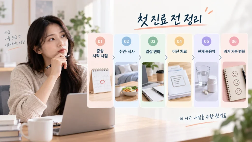 우울증 첫 진료 전 체크리스트 요약을 안내하는 그림