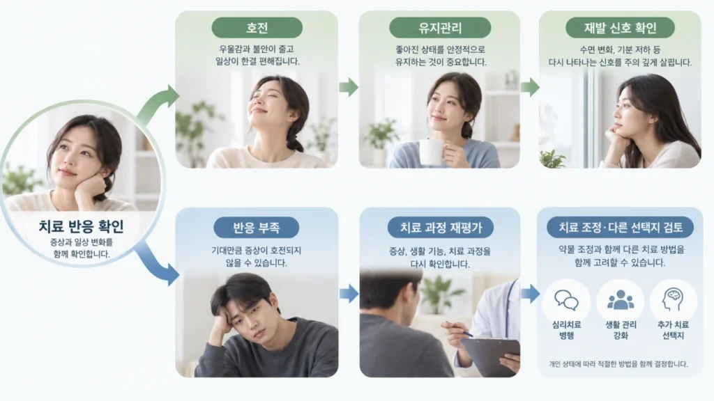 우울증 치료 후 유지관리와 다음 치료 선택 흐름을 나타내는 그림