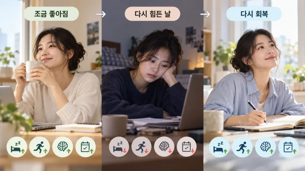 우울증 증상 변화의 시간 흐름과 기록 방법을 나타내는 이미지