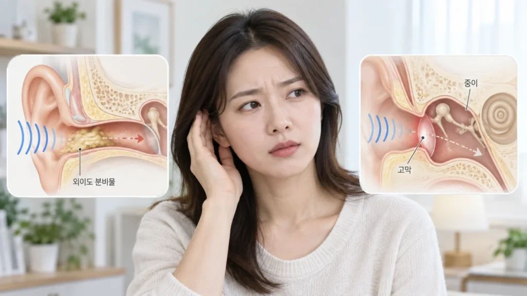 귀 분비물과 청력 변화를 확인하는 과정을 나타낸 그림