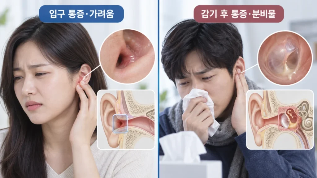 외이도와 중이에서 발생하는 귀 분비물의 차이를 보여주는 그림