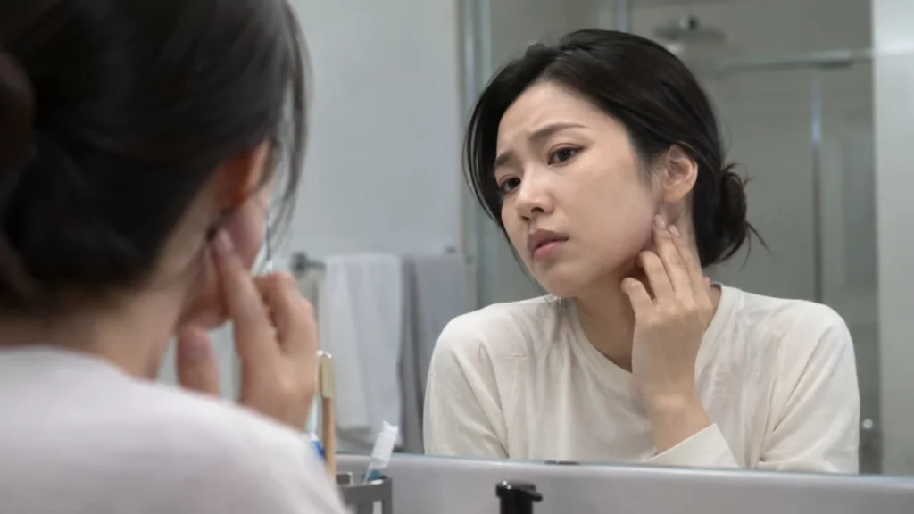 귀 아래와 턱선을 만지며 불편함을 느끼는 한국인 성인 모습