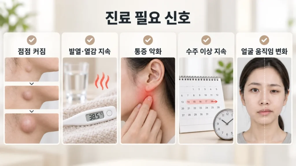 귀 아래 혹 통증과 진료 시점을 요약한 그림