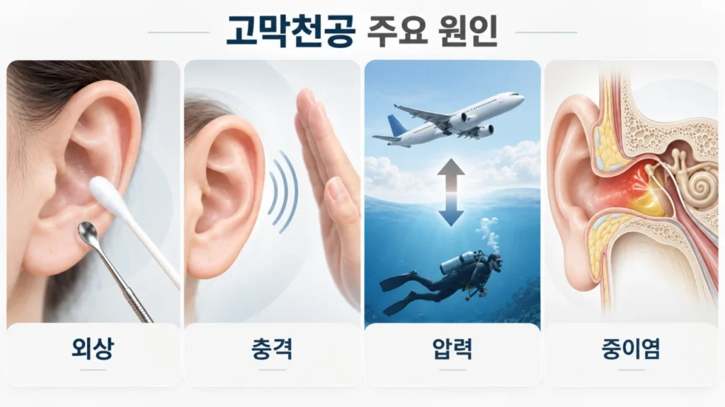 고막천공의 원인으로 외상, 압력 변화, 중이염 등이 있음을 보여주는 이미지