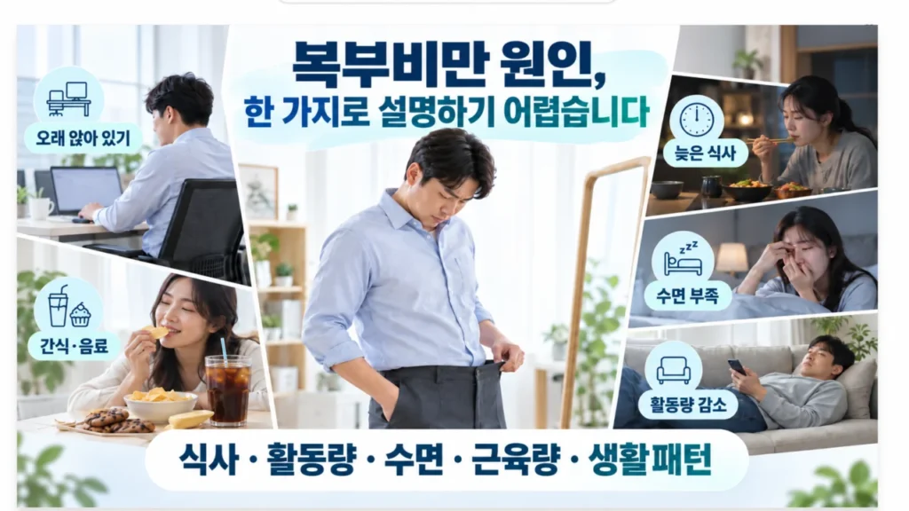 복부비만에 영향을 주는 다양한 요인을 설명하는 이미지