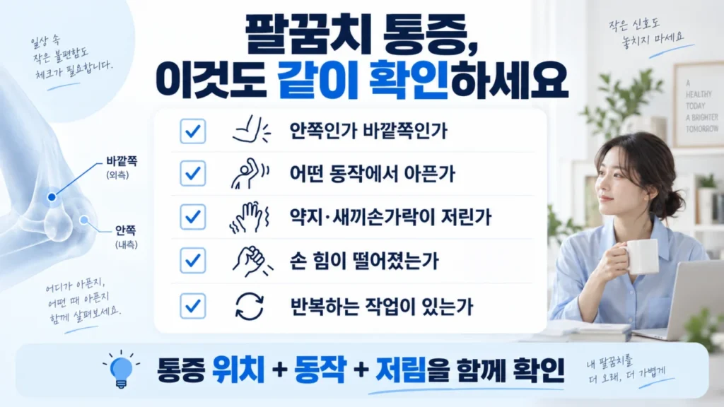 팔꿈치 통증의 동작, 저림, 힘 변화 체크리스트 그림