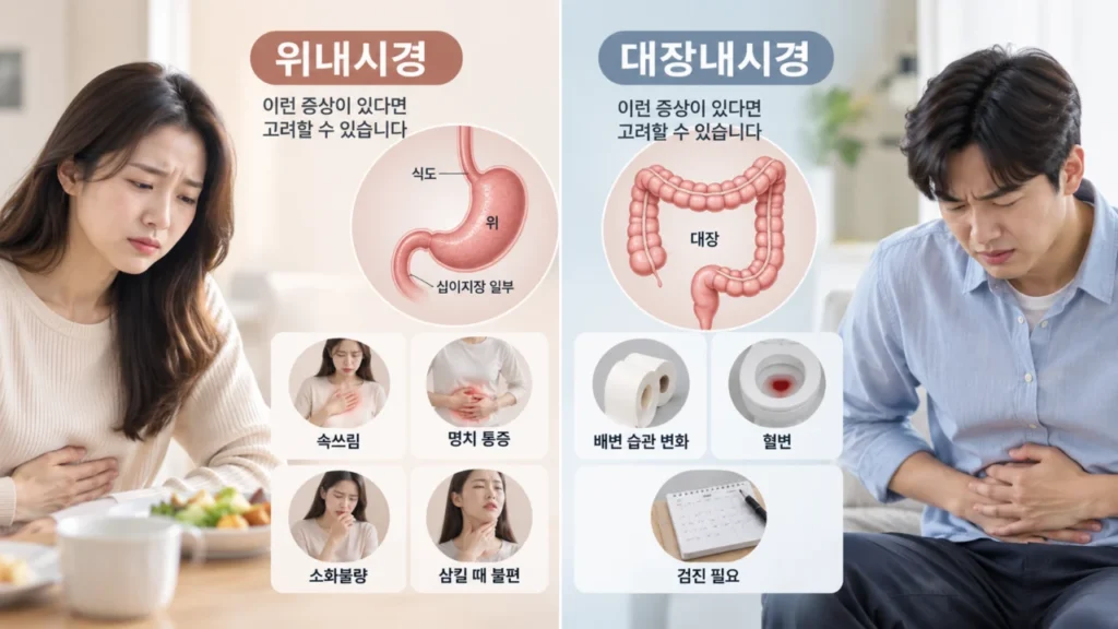 위내시경과 대장내시경을 증상별로 구분하는 비교 이미지