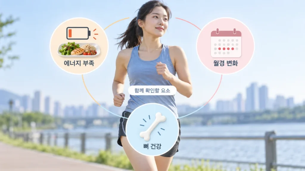 여성 운동선수에서 피로골절 위험요인으로 에너지 섭취와 월경 변화, 뼈 건강을 강조한 그림