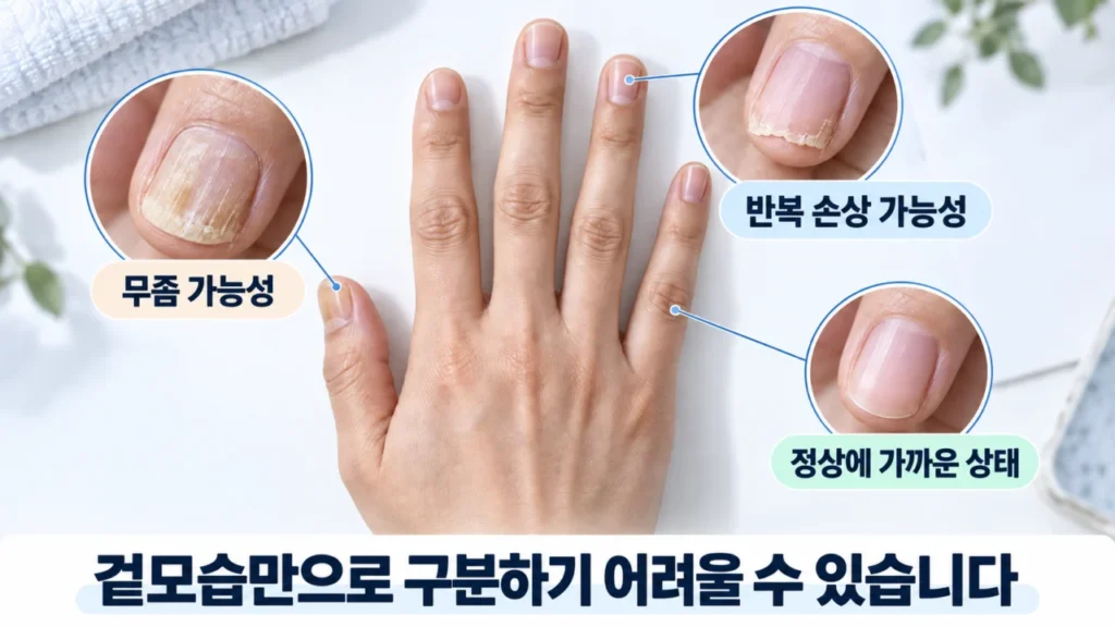 손톱무좀과 손톱 손상의 증상 차이를 비교하는 이미지