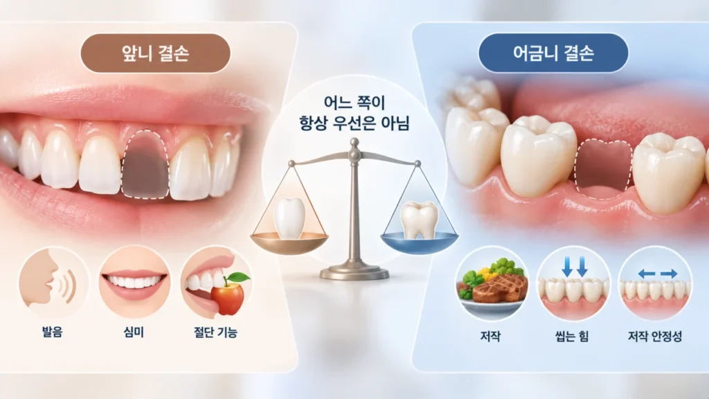 앞니와 어금니 결손 시 치료 우선순위 결정 모식도