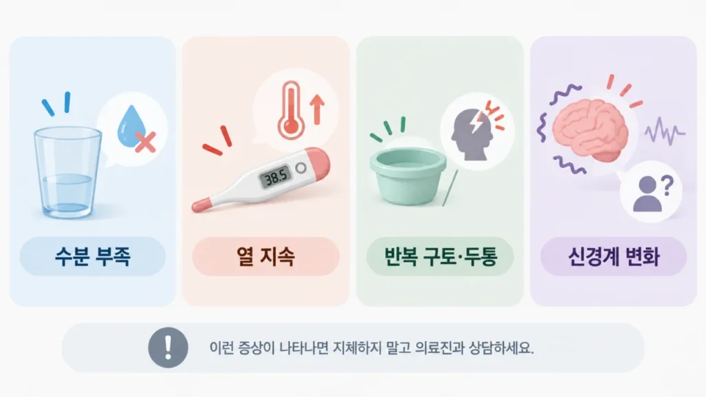 수족구병에서 진료가 필요한 경고 신호를 설명하는 그림