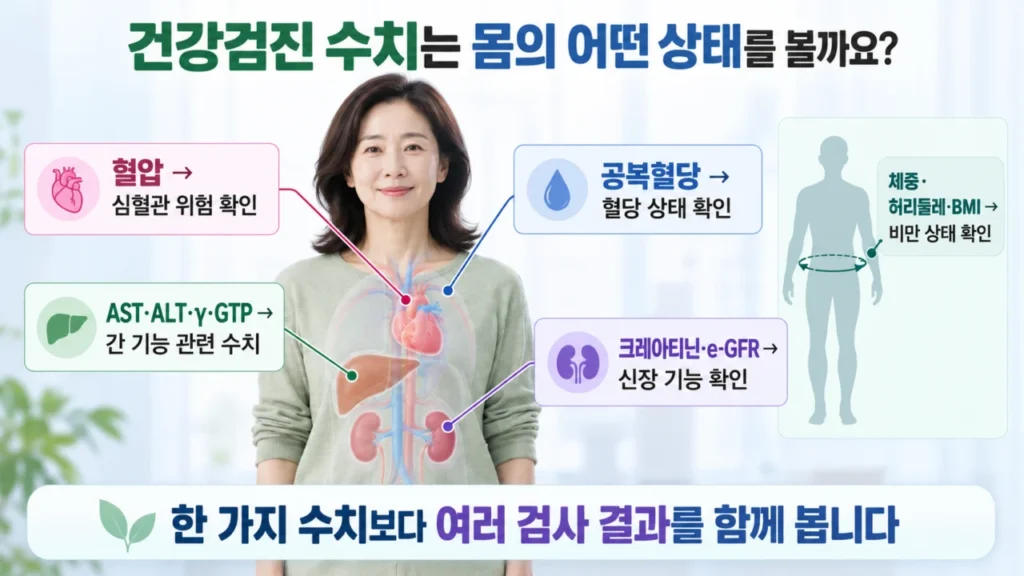 혈압, 혈당, 간기능 등 건강검진 주요 항목을 나타내는 이미지