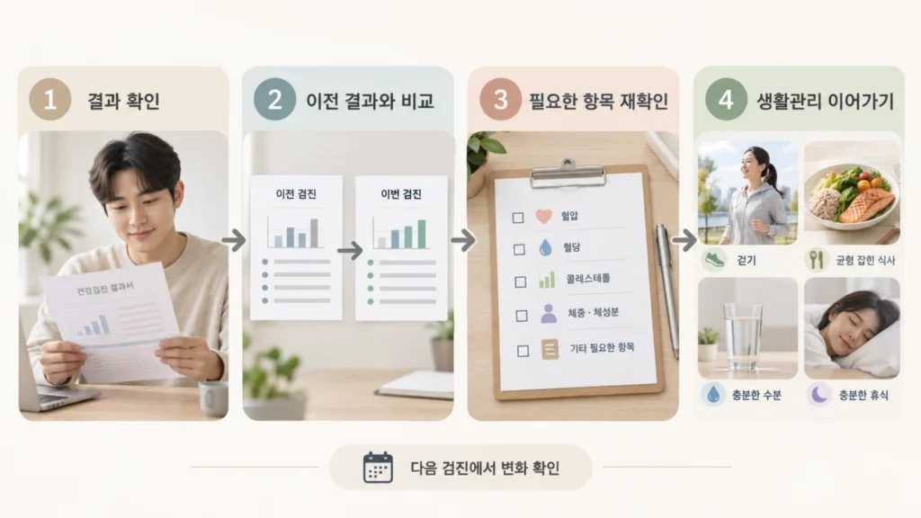 건강검진 이후 변화 확인과 관리 과정을 나타내는 그림