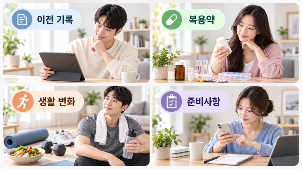 건강검진 전 준비사항과 이전 기록 확인을 안내하는 그림