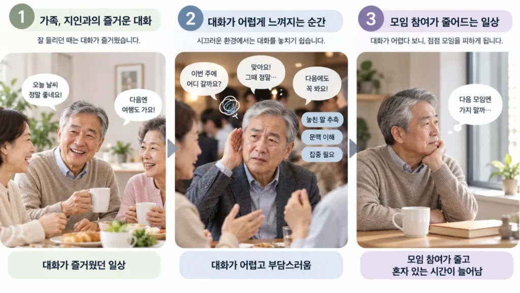 난청으로 인해 사회적 활동과 대화가 줄어드는 상황을 보여주는 그림