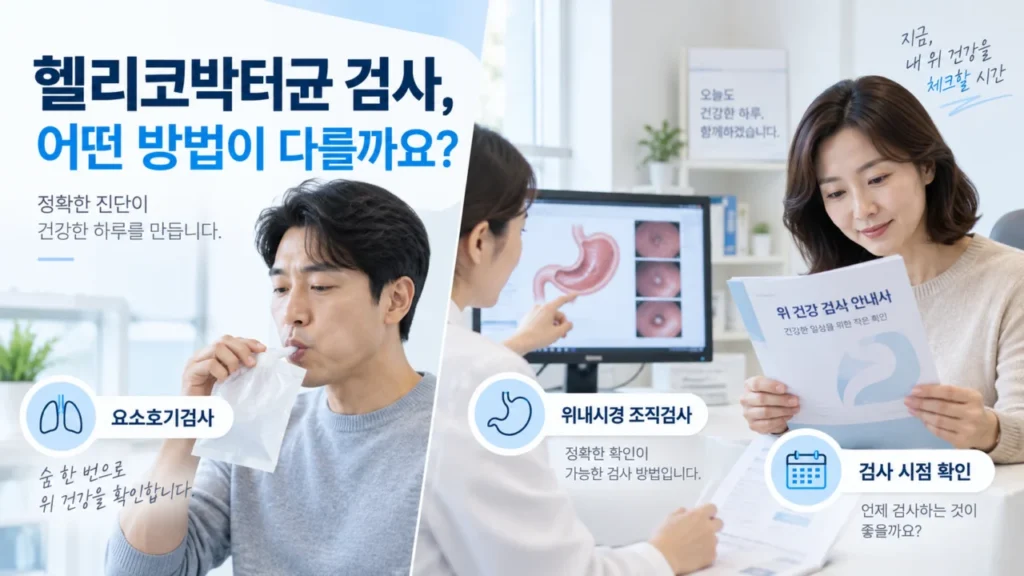 헬리코박터균 검사 방법인 요소호기검사와 위내시경 조직검사 비교 그림
