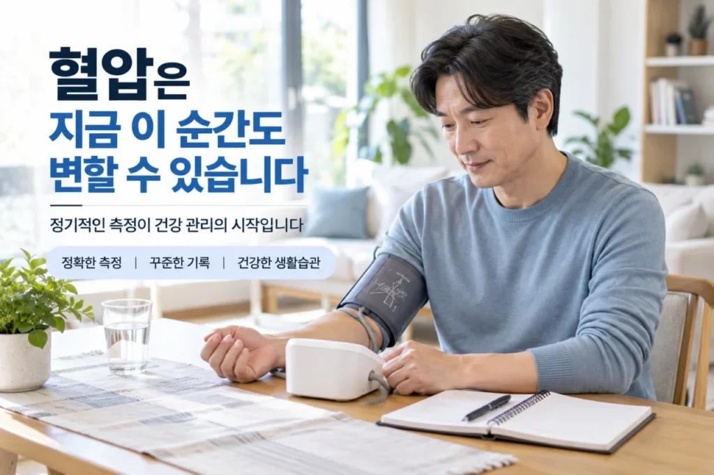 가정에서 혈압을 측정하는 모습을 설명하는 이미지