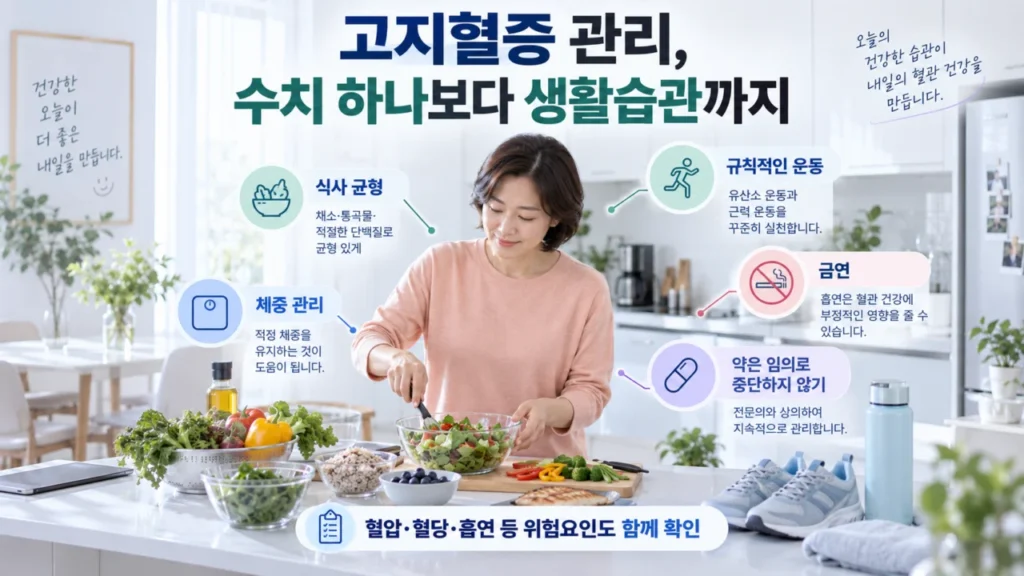 고지혈증 관리에 도움이 되는 식사와 운동 등 생활습관 변화 그림