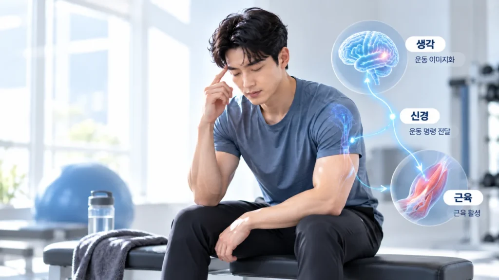 이미지 트레이닝이 근력 향상에 미치는 영향을 설명하는 그림