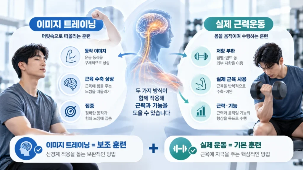 이미지 트레이닝과 실제 근력운동의 차이를 비교한 체크리스트 그림