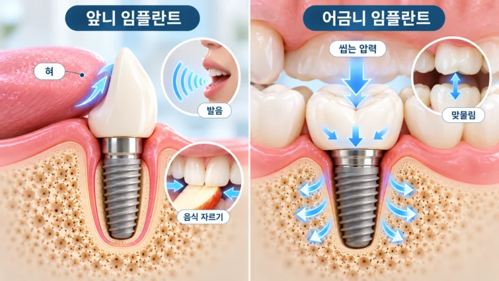 앞니와 어금니 임플란트 적응 과정의 차이를 나타내는 그림