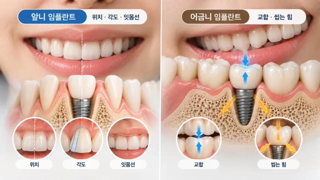 앞니와 어금니 임플란트 위치 계획의 차이를 보여주는 그림