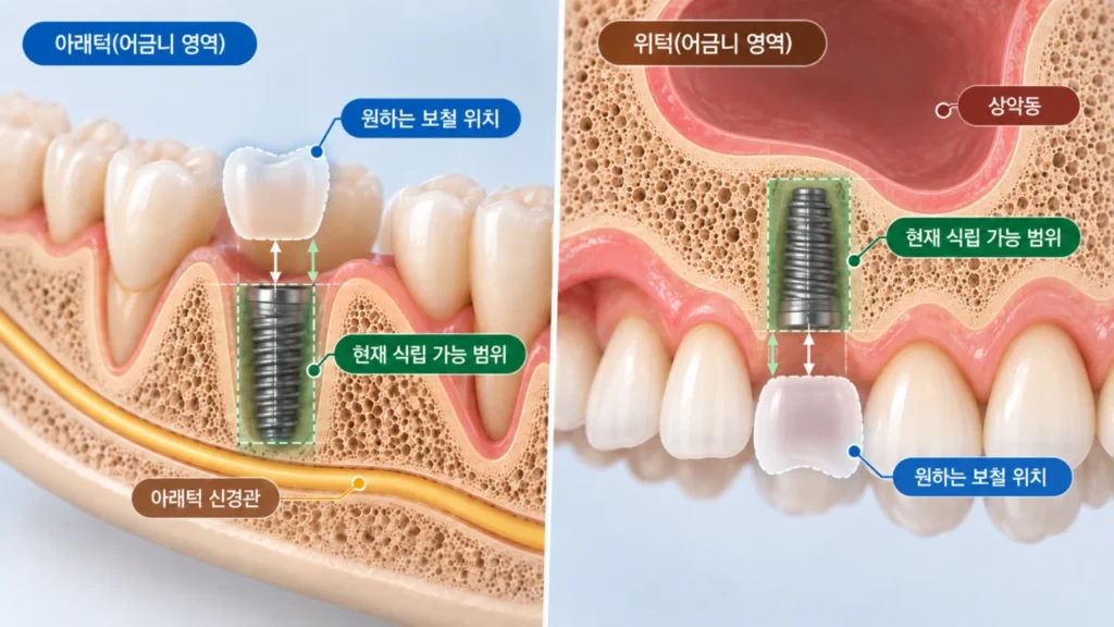 임플란트 위치와 뼈 상태, 보철물 위치의 관계를 설명하는 그림