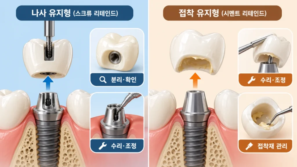 임플란트 크라운 연결 방식에 따른 유지관리 접근성 차이를 나타낸 그림