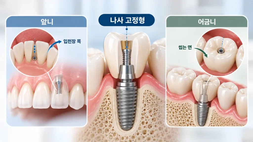 나사 고정형 임플란트 크라운의 나사 통로 위치를 설명하는 그림