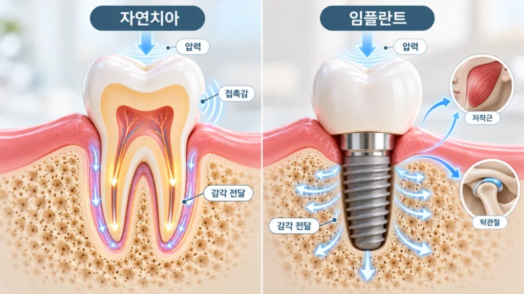 임플란트와 자연치아의 씹는 감각 차이 비교 그림