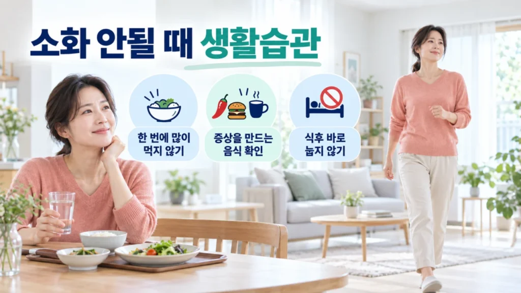 소화불량 시 음식, 자세, 생활습관을 설명하는 그림