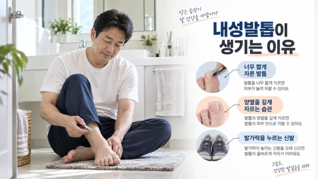 발톱을 짧게 자르거나 신발 압박으로 내성발톱이 생기는 상황을 보여주는 그림