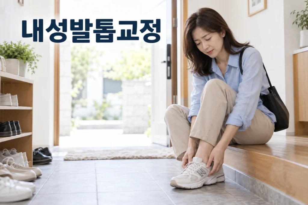 내성발톱으로 인해 엄지발가락 옆이 붓고 아픈 모습을 설명하는 그림