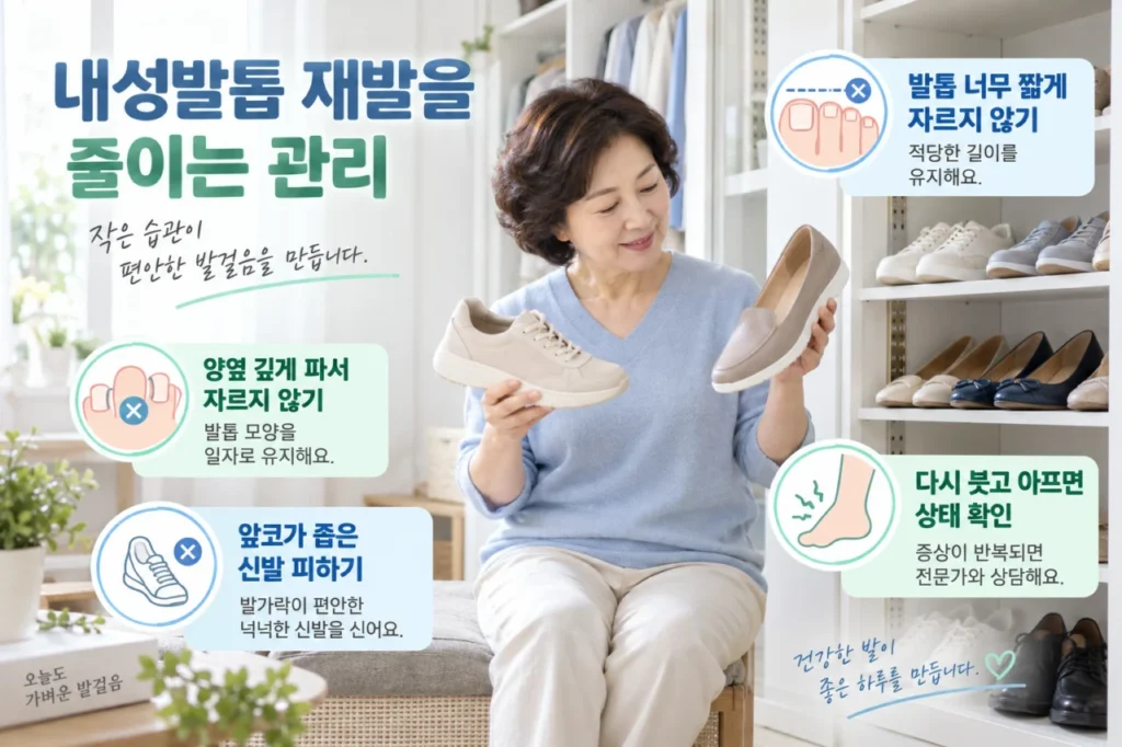 내성발톱 재발을 줄이기 위한 발톱 관리 방법을 안내하는 이미지