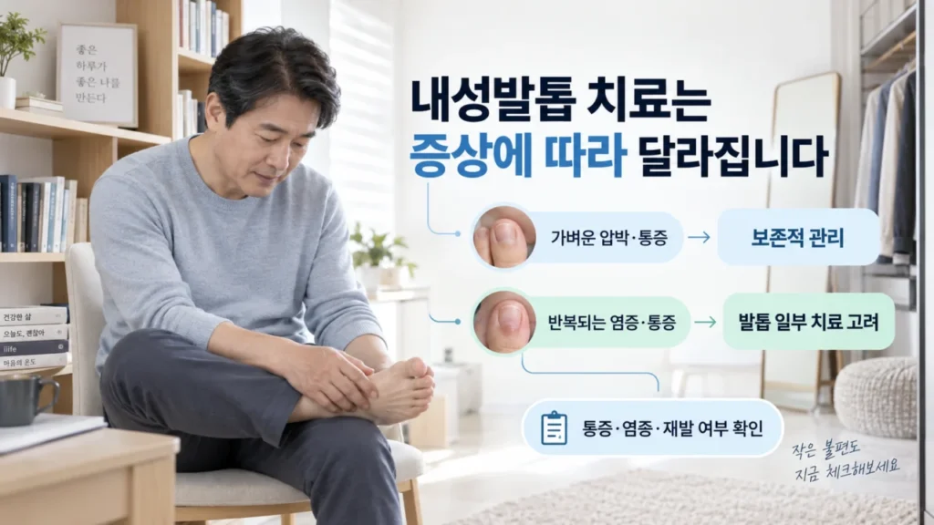 내성발톱치료에서 증상에 따라 다양한 치료 방법을 설명하는 그림