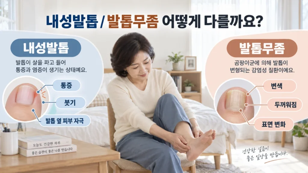 내성발톱과 발톱무좀의 증상 차이를 비교하는 그림