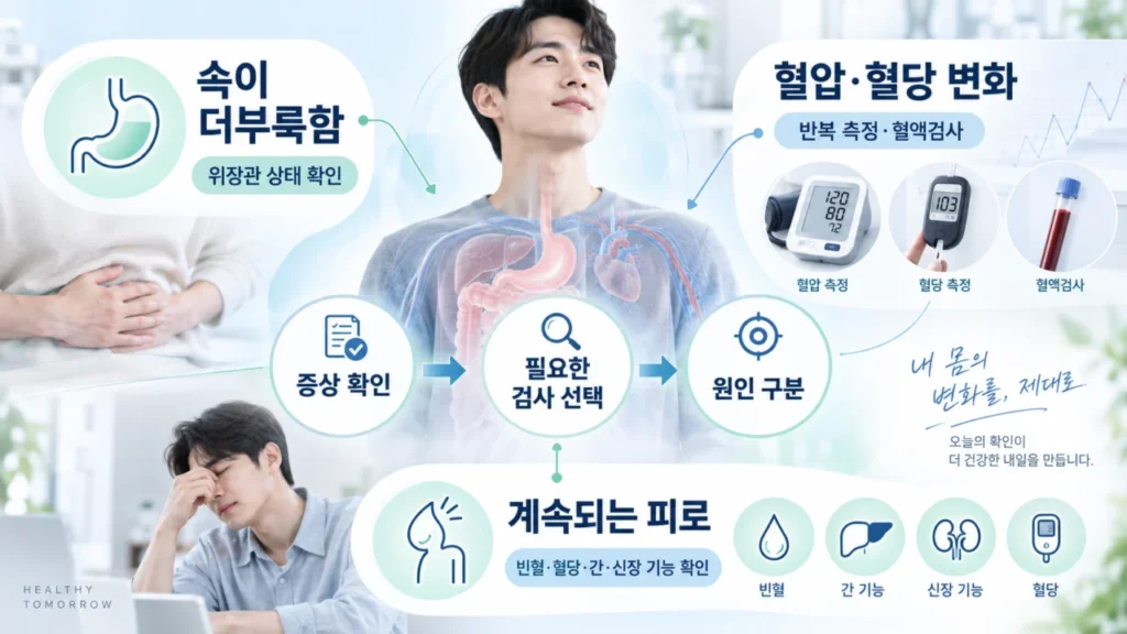 내과에서 다양한 증상과 검사 항목을 구분해 확인하는 원리 설명 그림