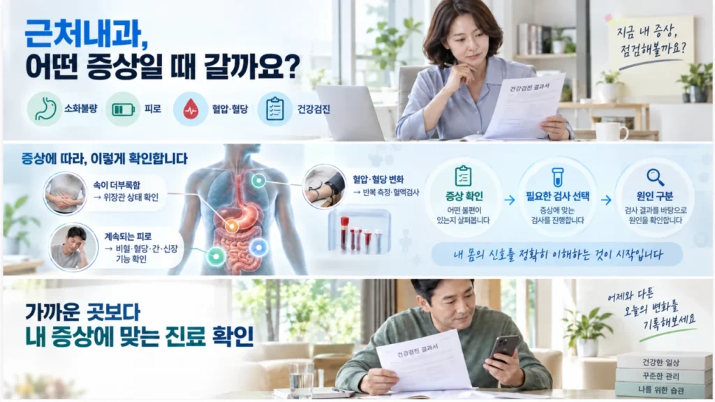 근처내과 선택 시 증상과 검사 범위를 확인하는 장면 그림