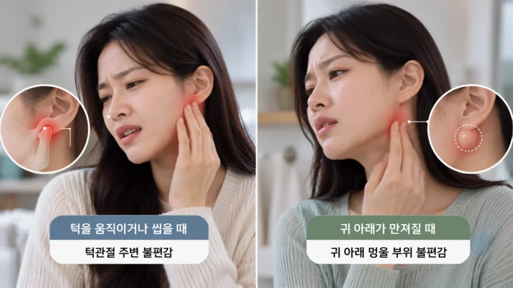 턱 움직임과 귀 아래 통증의 차이를 설명하는 그림