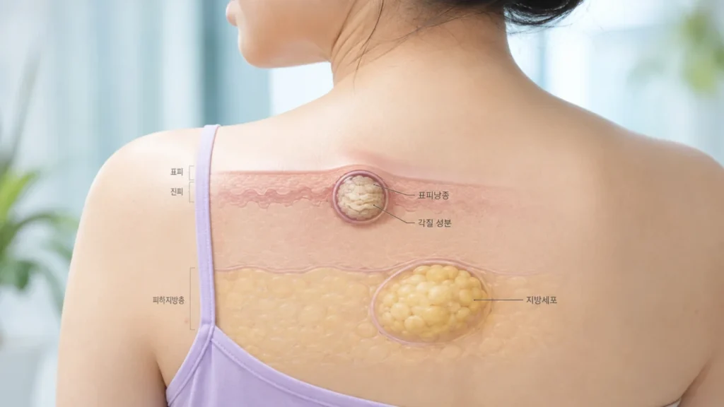 지방종과 표피낭종의 발생 구조와 내부 성분 차이를 보여주는 그림