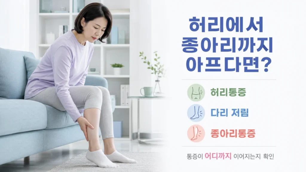허리디스크에서 허리통증과 함께 다리 저림, 종아리통증이 나타날 수 있음을 설명하는 그림