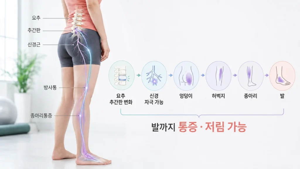 허리디스크에서 신경 자극으로 통증이 허리에서 다리로 이어지는 방사통을 보여주는 그림