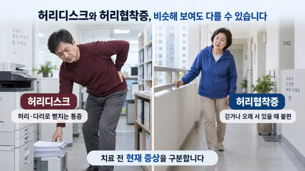 허리디스크와 척추협착증의 증상 차이를 비교하는 그림